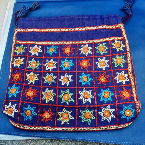 Embroidered Drawstring Bag Tassels Boho Mirror Work Sewing Market Colorful EUC - Picture 1 of 8